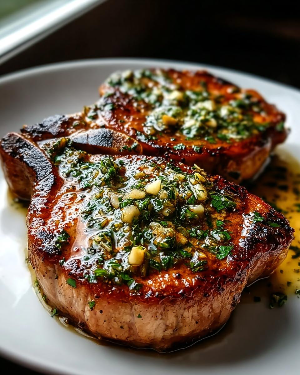 Two thick, Juicy Pan Seared Pork Chops smothered in glistening garlic butter sauce with fresh herbs.