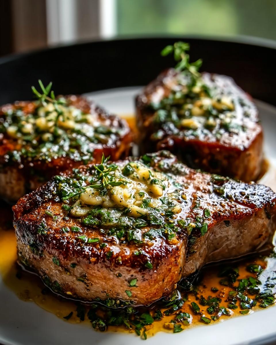 Three thick, juicy pan seared pork chops smothered in melted garlic butter and fresh herbs.