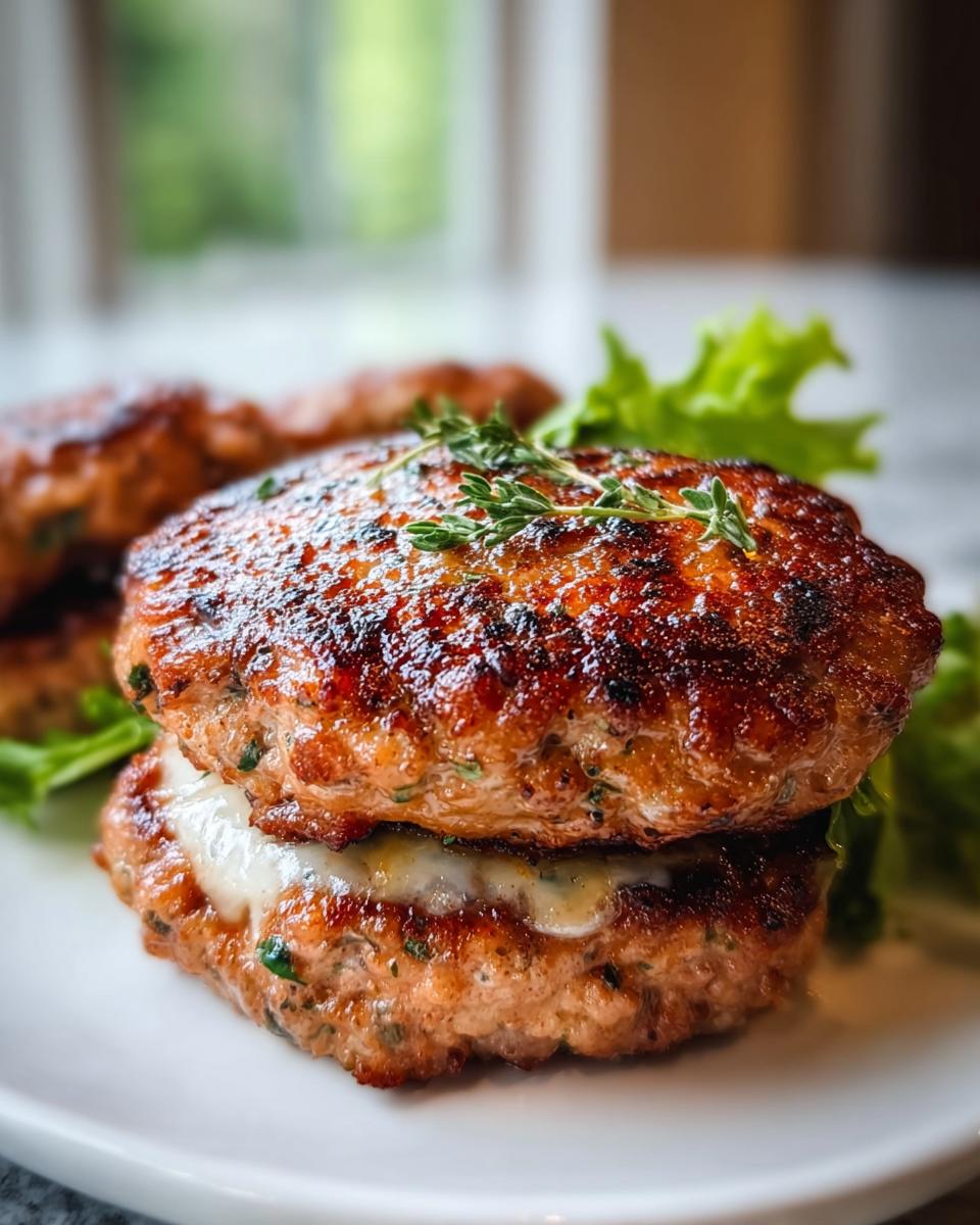 Close-up of two stacked, juicy Turkey Burger Patties with melted white cheese between them, garnished with thyme.