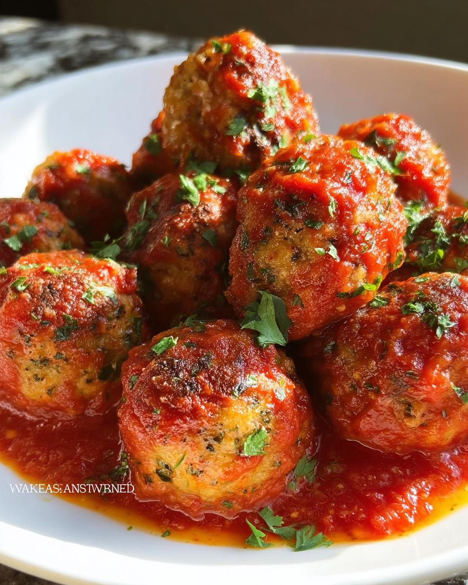 Close-up of several Juicy Turkey Meatballs with Italian Herbs smothered in rich tomato sauce and sprinkled with parsley.