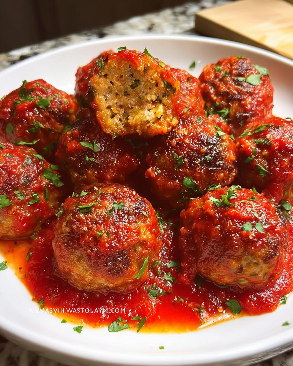 Close-up of Juicy Turkey Meatballs with Italian Herbs smothered in rich tomato sauce and garnished with parsley.