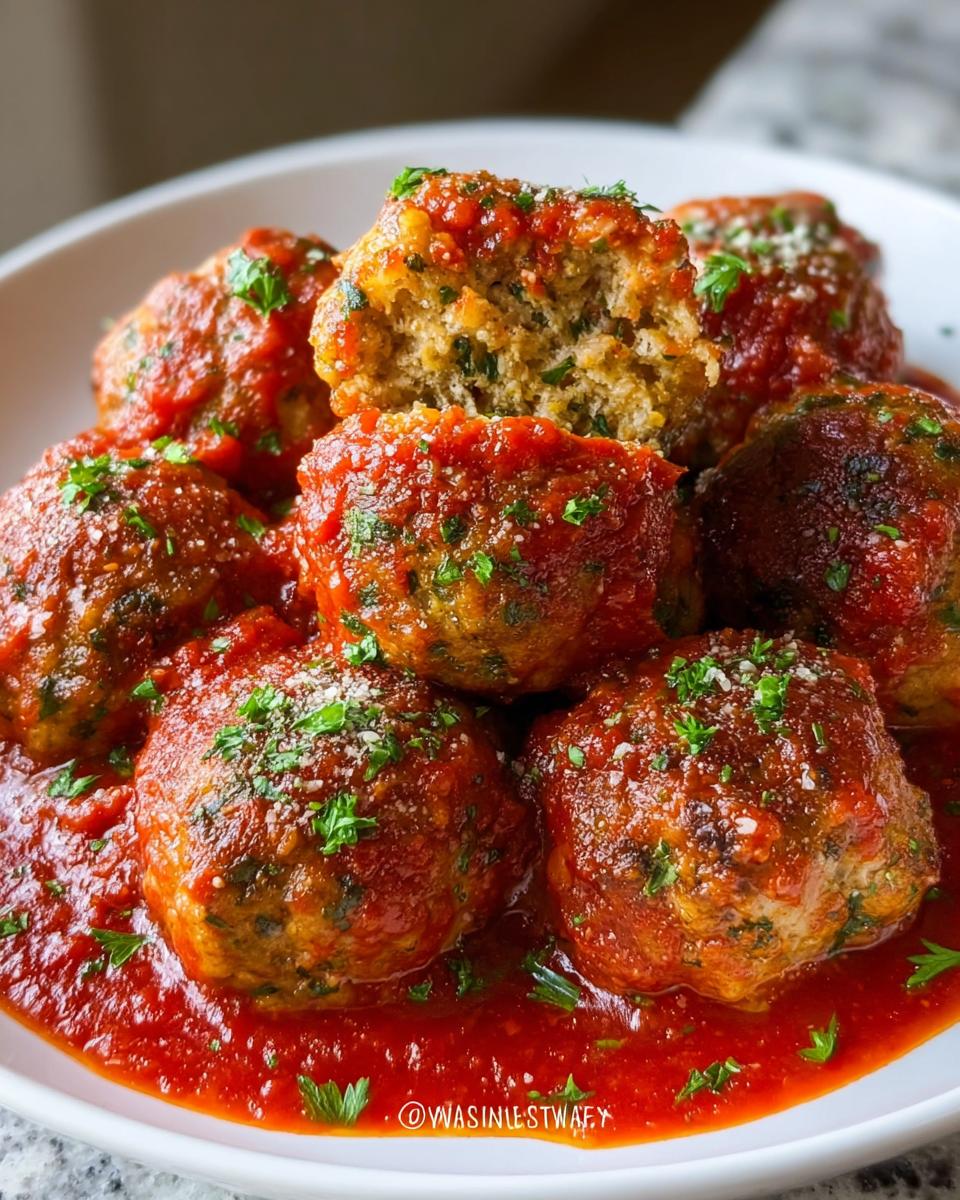 Close-up of Juicy Turkey Meatballs with Italian Herbs smothered in rich tomato sauce and topped with parsley.