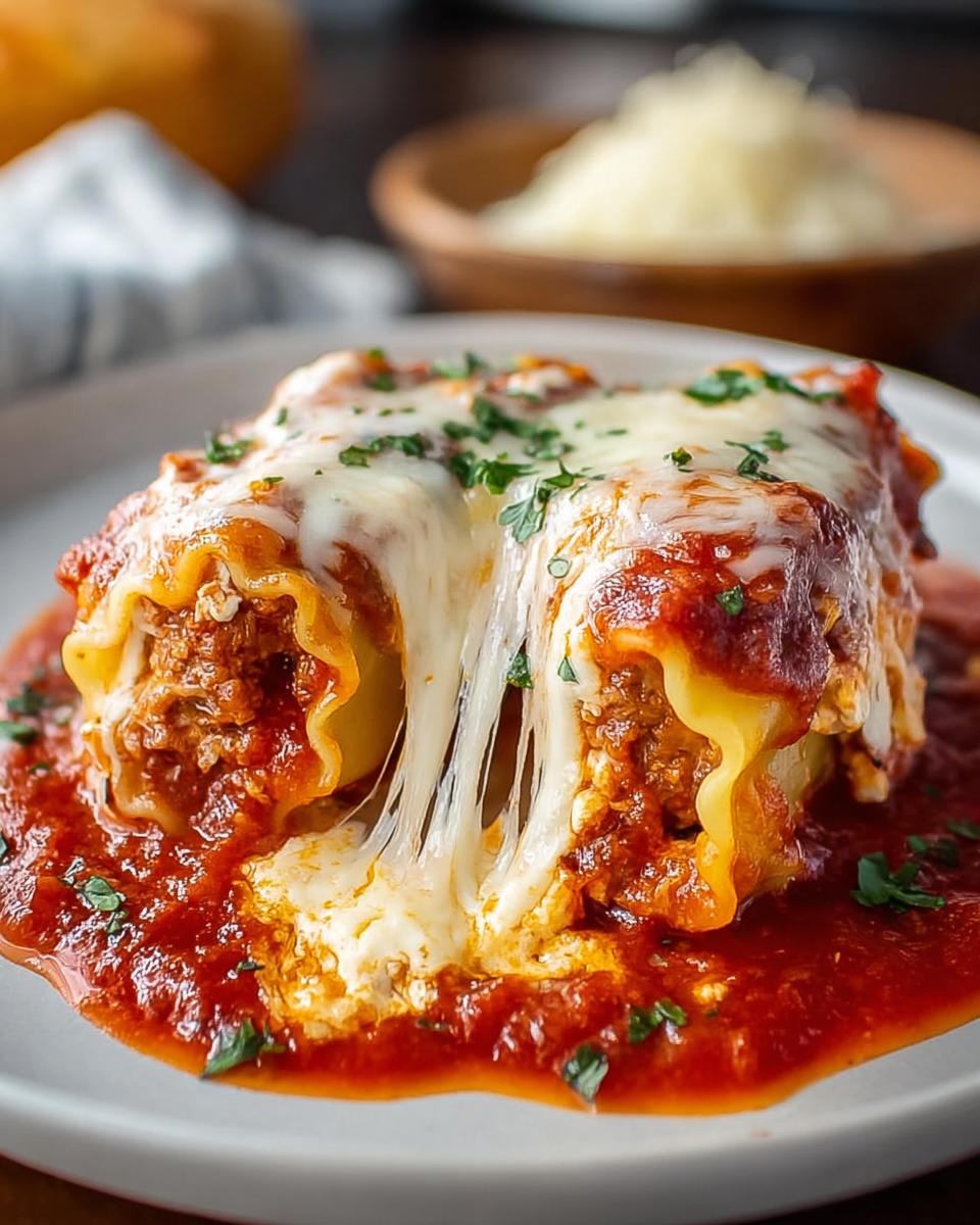 Two cheesy Lasagna Roll Ups covered in rich tomato sauce and melted mozzarella cheese.