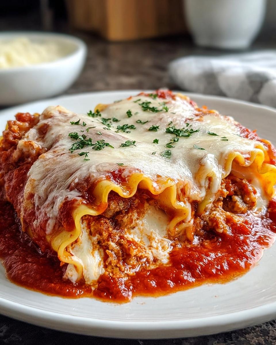 Two Lasagna Roll Ups covered in melted mozzarella cheese and rich tomato sauce, ready to eat.