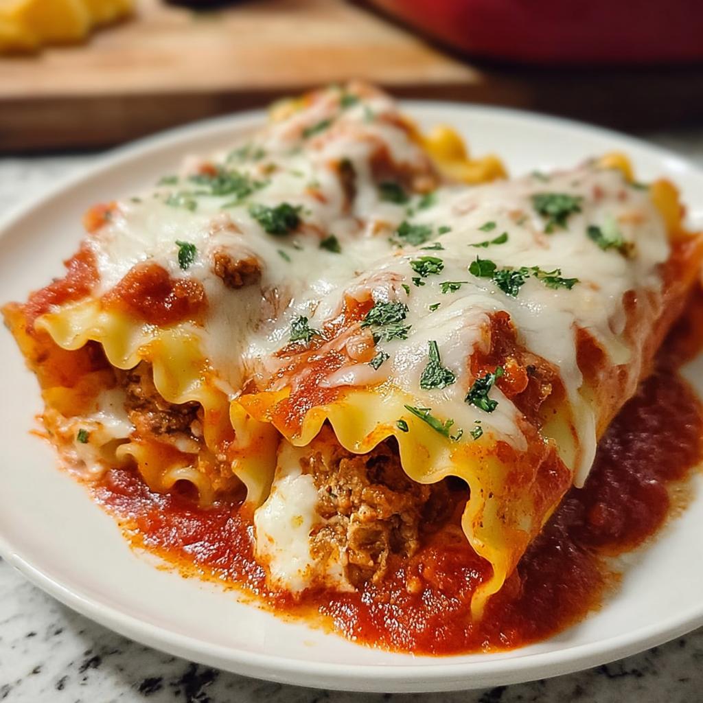 Two cheesy Lasagna Roll Ups covered in rich tomato sauce and fresh parsley.