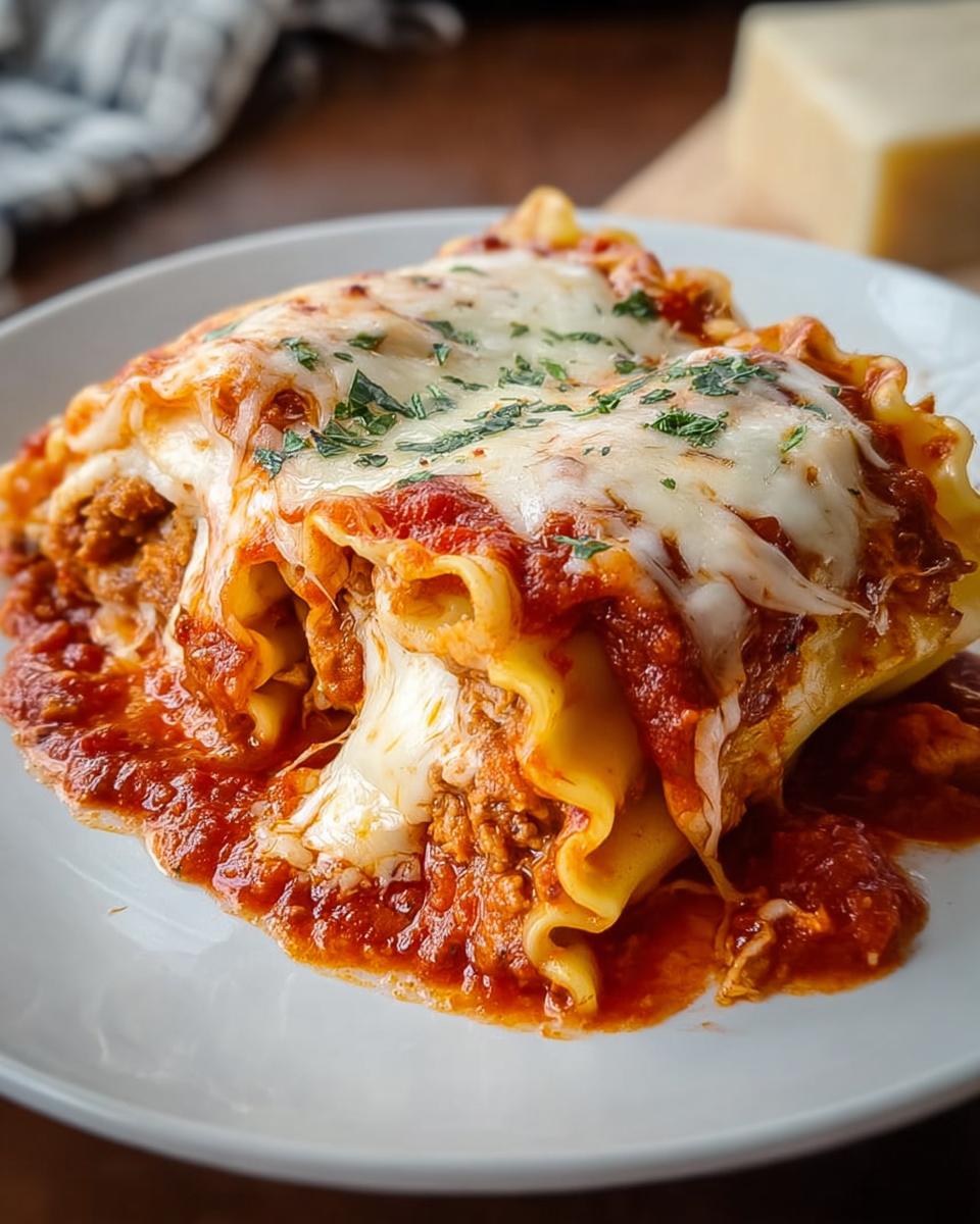 Two servings of Lasagna Roll Ups with Saucy Comfort covered in melted mozzarella and parsley.