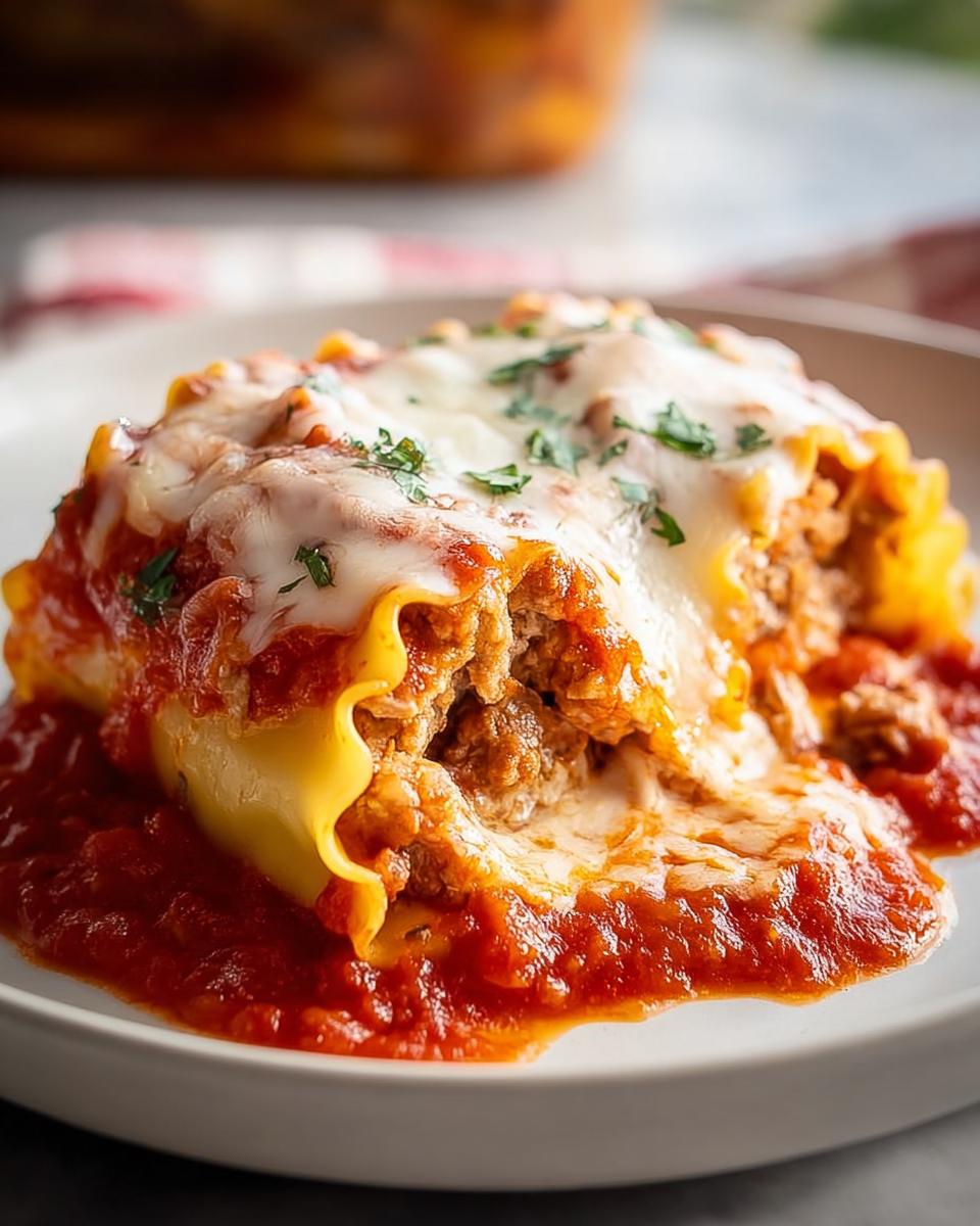 Close-up of a single serving of Lasagna Roll Ups with Saucy Comfort, topped with melted cheese and parsley.