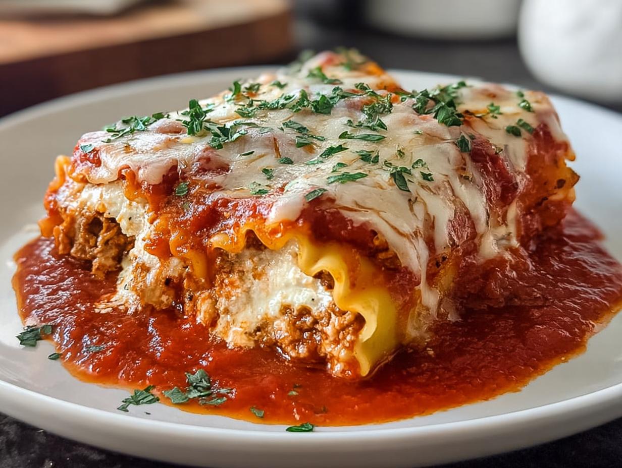Two Lasagna Roll Ups covered in melted mozzarella, rich tomato sauce, and fresh parsley.