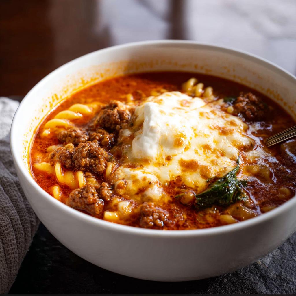 A close-up of a bowl of rich Lasagna Soup with Cheesy Topping, featuring pasta, meat sauce, and melted cheese.