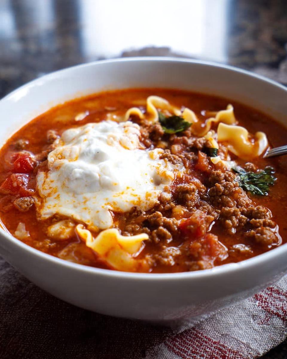 Close-up of a hearty bowl of Lasagna Soup with Cheesy Topping, featuring rich tomato broth, ground meat, and noodles.