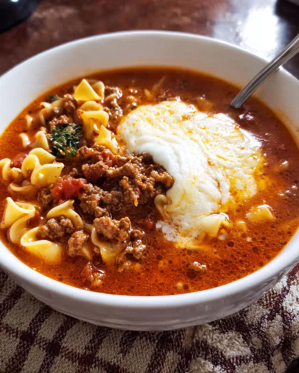A close-up view of a bowl of rich, red Lasagna Soup with Cheesy Topping, featuring ground meat and noodles.