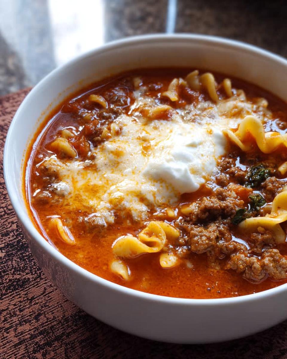 Close-up of a bowl of hearty Lasagna Soup with Cheesy Topping, featuring rich broth, ground meat, pasta, and melted cheese.