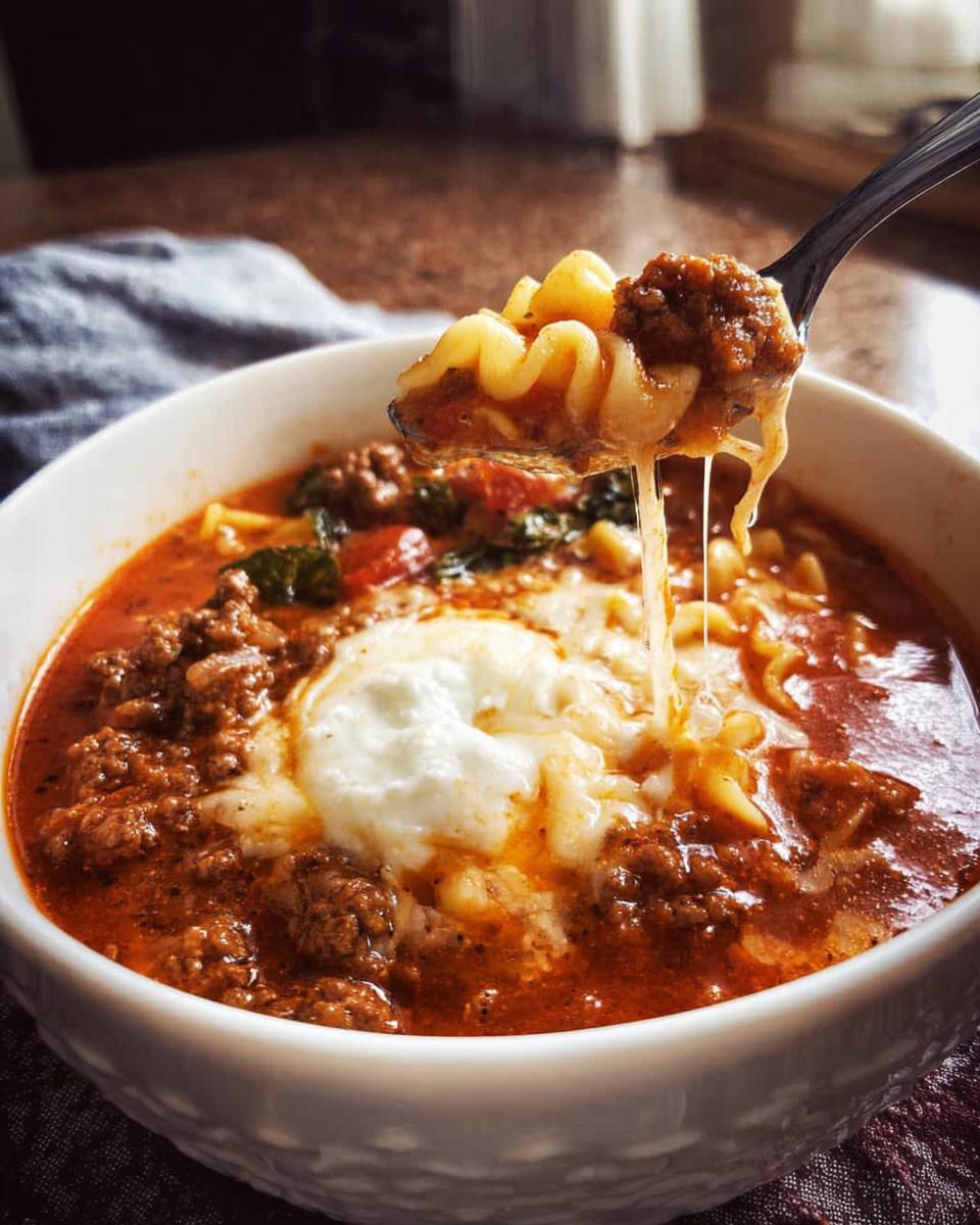 A spoonful of Lasagna Soup with Cheesy Topping showing melted cheese pull, pasta, and meat sauce.