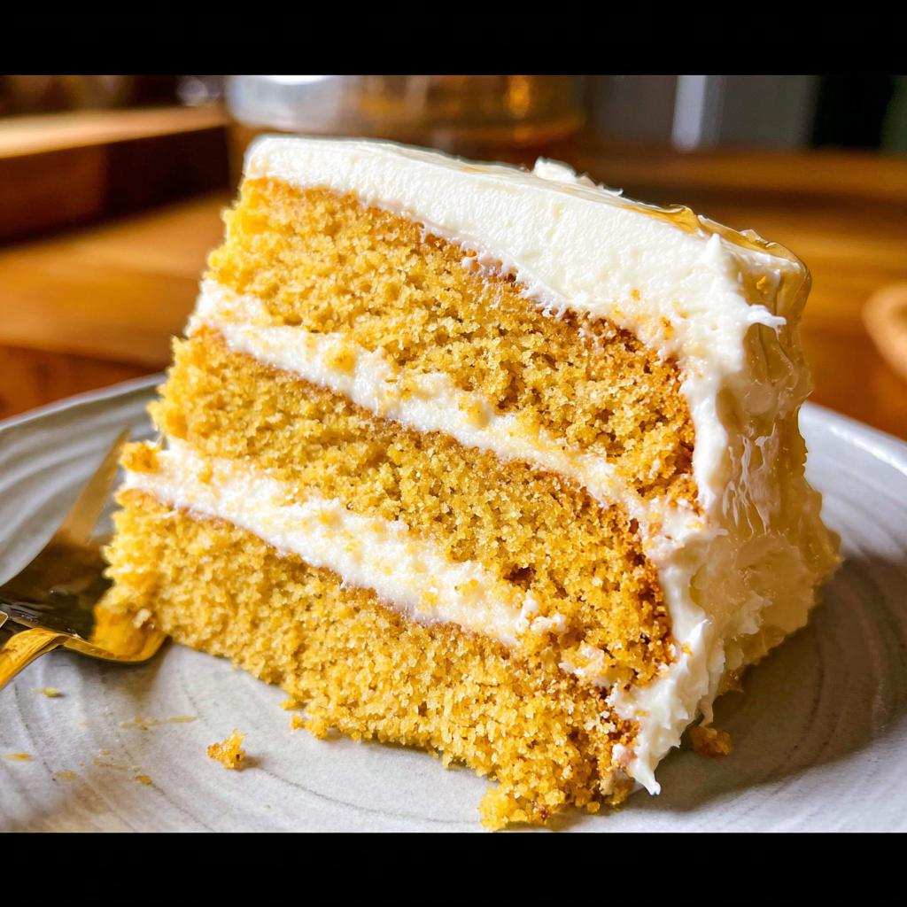 A close-up of a moist slice of Layered Cornbread Cake with three layers of cake and cream cheese frosting.