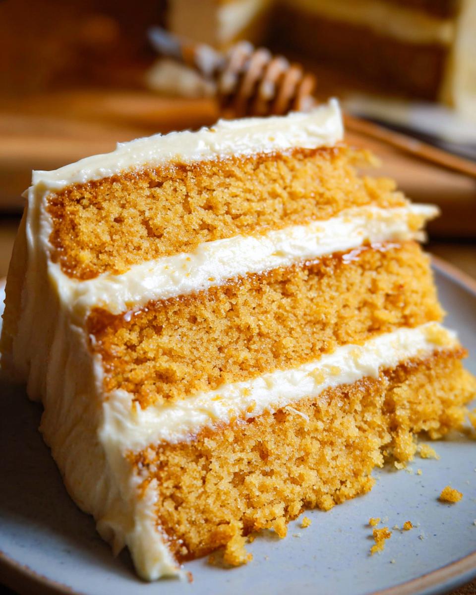 Close-up of a moist slice of Layered Cornbread Cake showing three golden layers separated by thick white frosting.