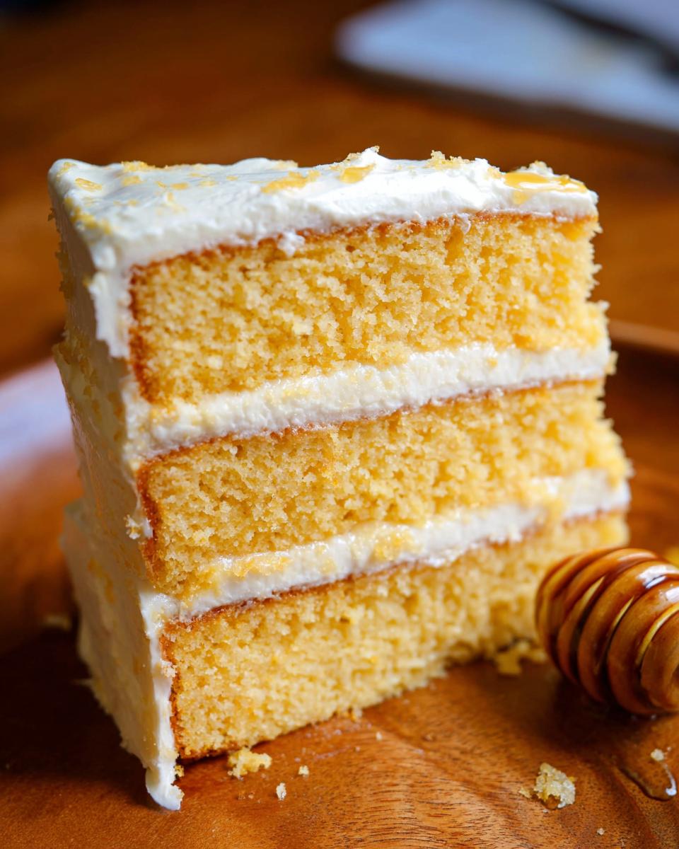 A tall slice of Layered Cornbread Cake showing three yellow cake layers separated by white frosting, next to a honey dipper.