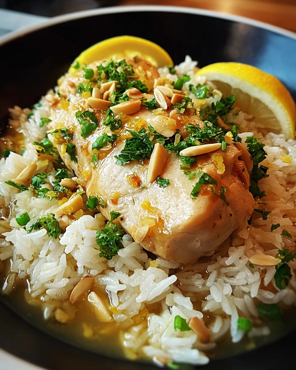 A serving of Lemon Chicken and Rice topped with parsley, toasted almonds, and lemon slices.