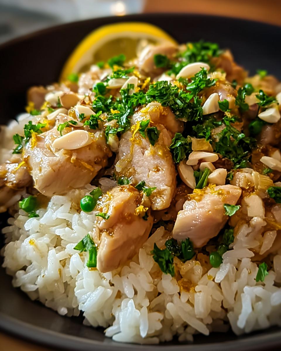 Close-up of Lemon Chicken and Rice with bright flavor, topped with parsley and slivered almonds.