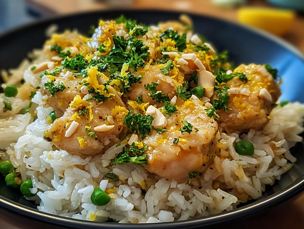 Close-up of Lemon Chicken and Rice with bright flavor, topped with lemon zest, parsley, and slivered almonds.