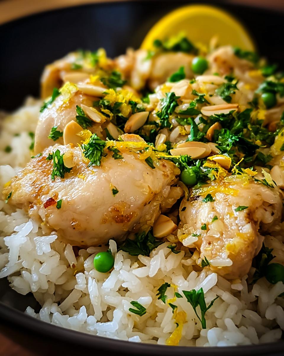 Close-up of Lemon Chicken and Rice with bright lemon zest, slivered almonds, and green peas.