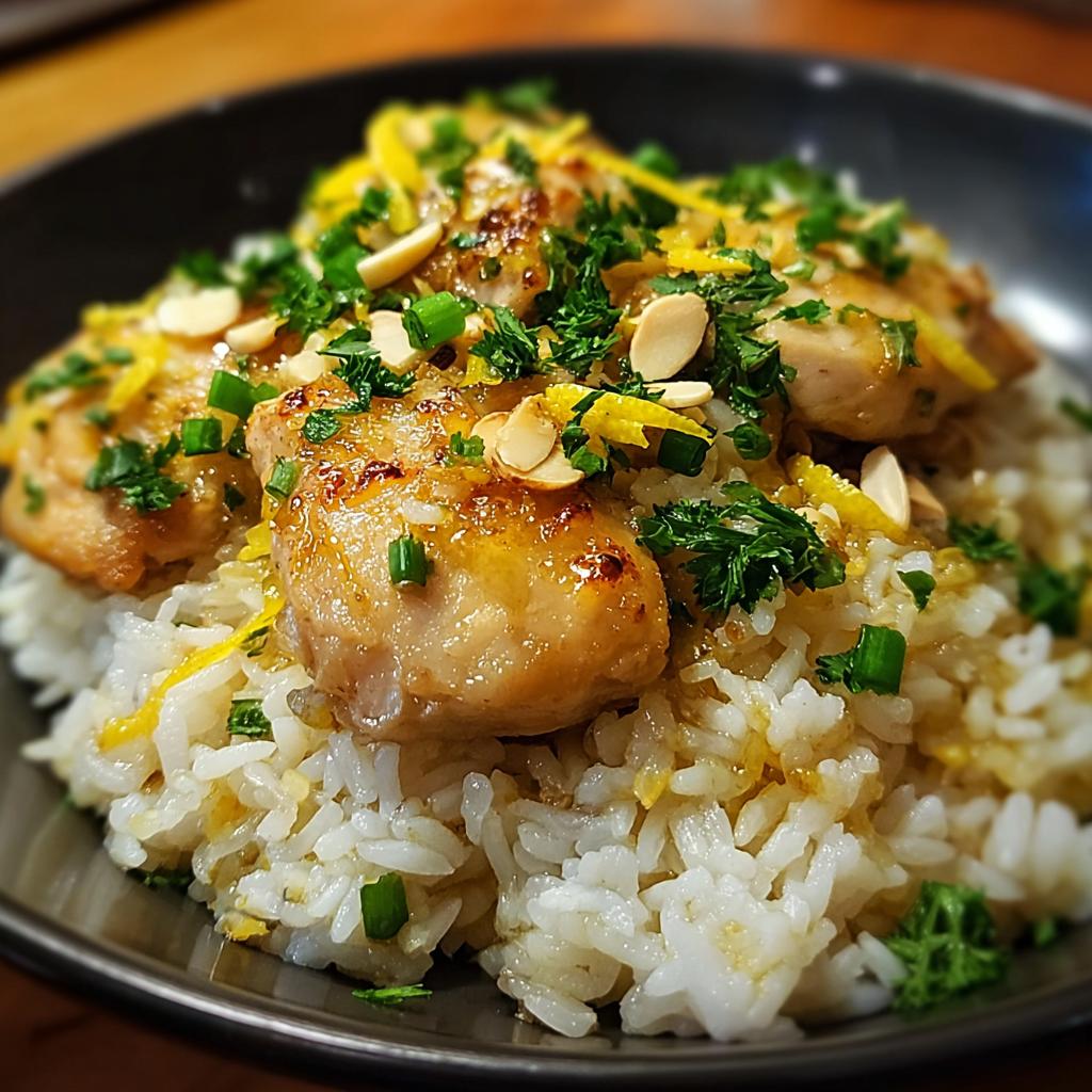 Close-up of Lemon Chicken and Rice with bright flavor, topped with almonds and parsley.