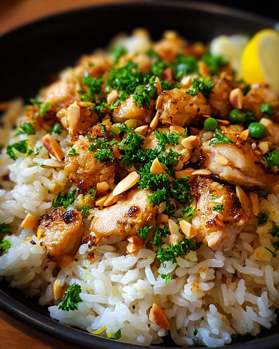 Close-up of Lemon Chicken and Rice topped with toasted almonds and fresh parsley.