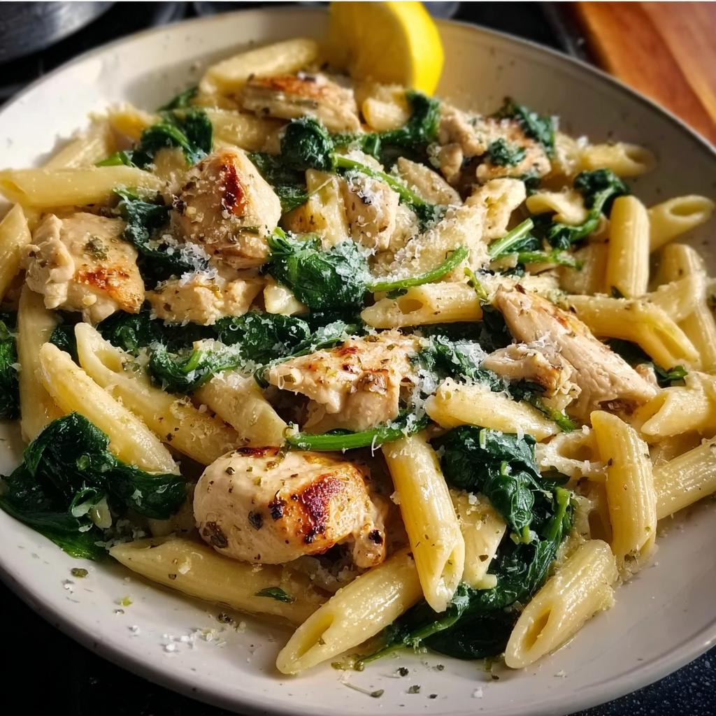 A close-up serving of Lemon Chicken Pasta with Spinach and Parmesan, topped with grated cheese and a lemon wedge.