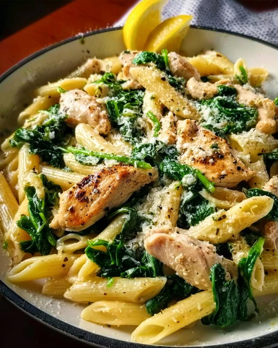 A bowl of Lemon Chicken Pasta with Spinach and Parmesan, featuring penne pasta, seared chicken pieces, wilted spinach, and grated cheese.