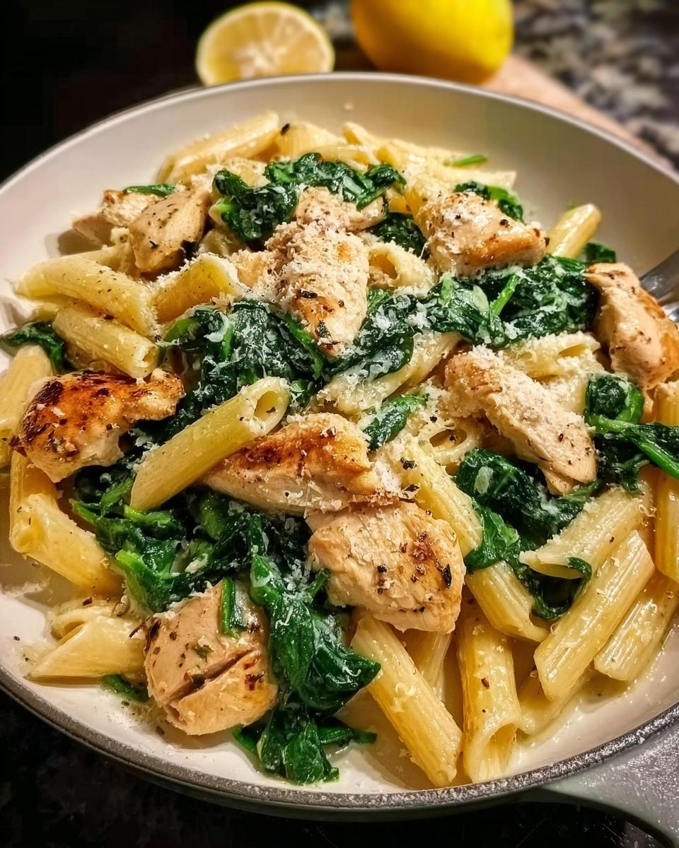 A bowl of Lemon Chicken Pasta with Spinach and Parmesan, topped with grated cheese.