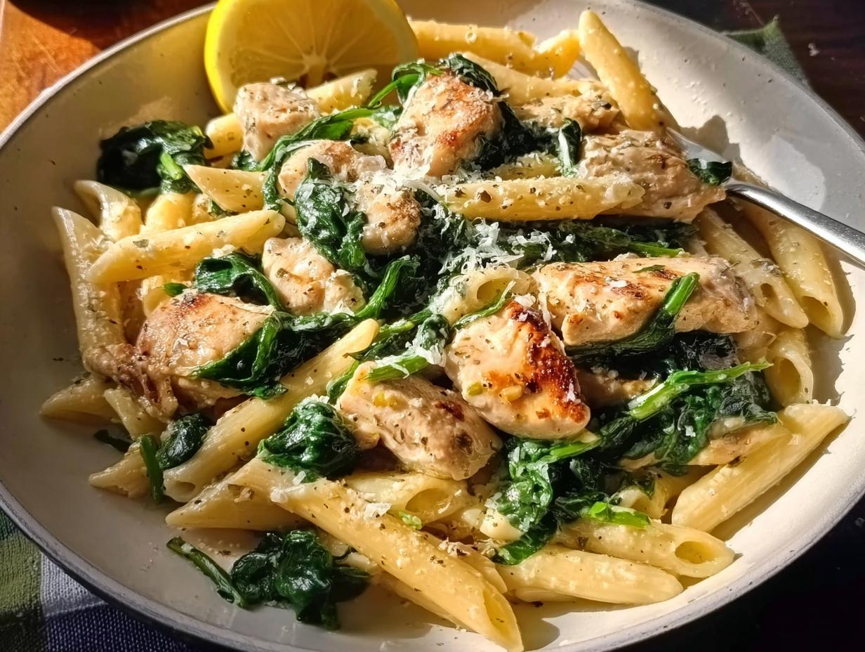 A bowl of Lemon Chicken Pasta with Spinach and Parmesan, garnished with a lemon wedge.