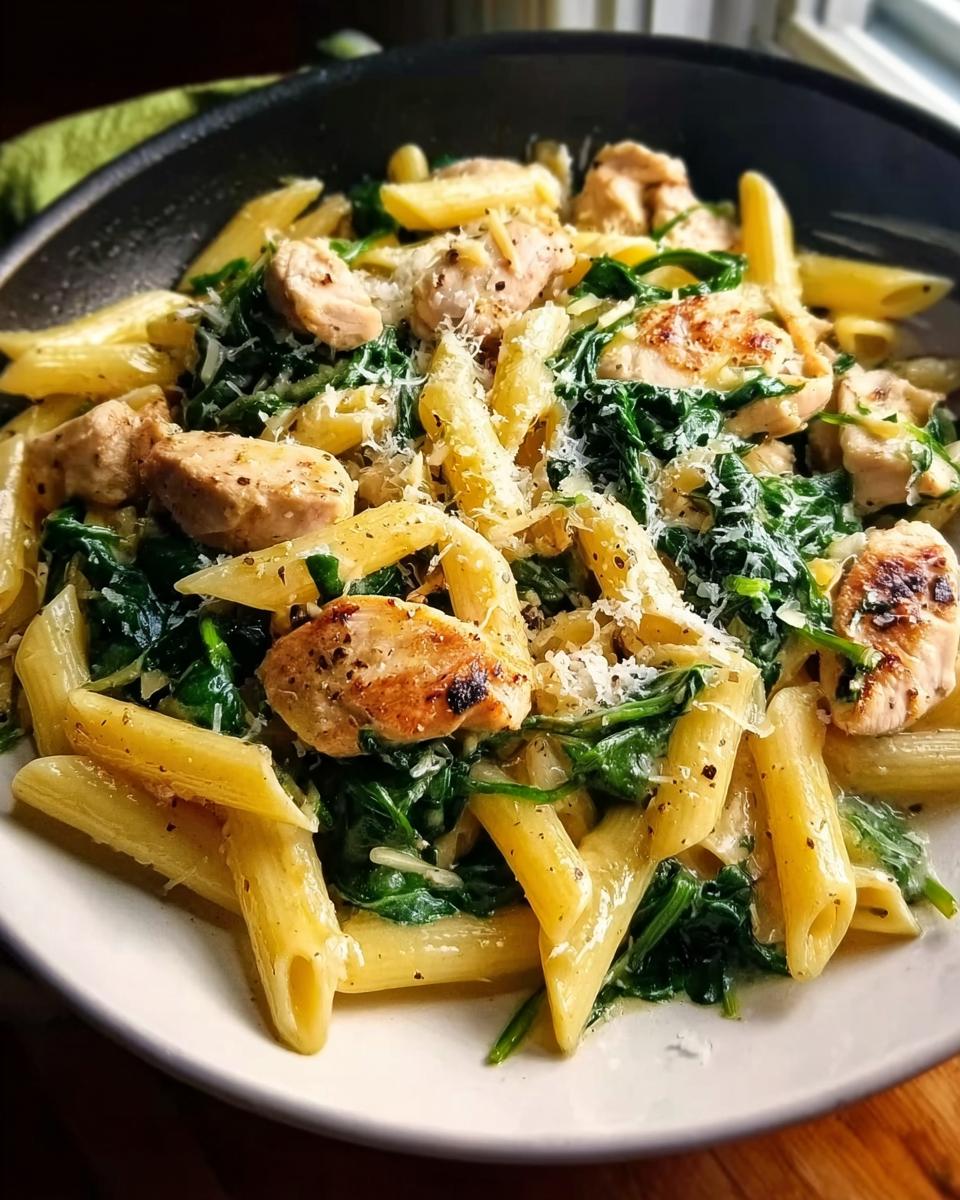 Close-up of Lemon Chicken Pasta with Spinach and Parmesan, featuring penne pasta, seared chicken pieces, and wilted spinach.