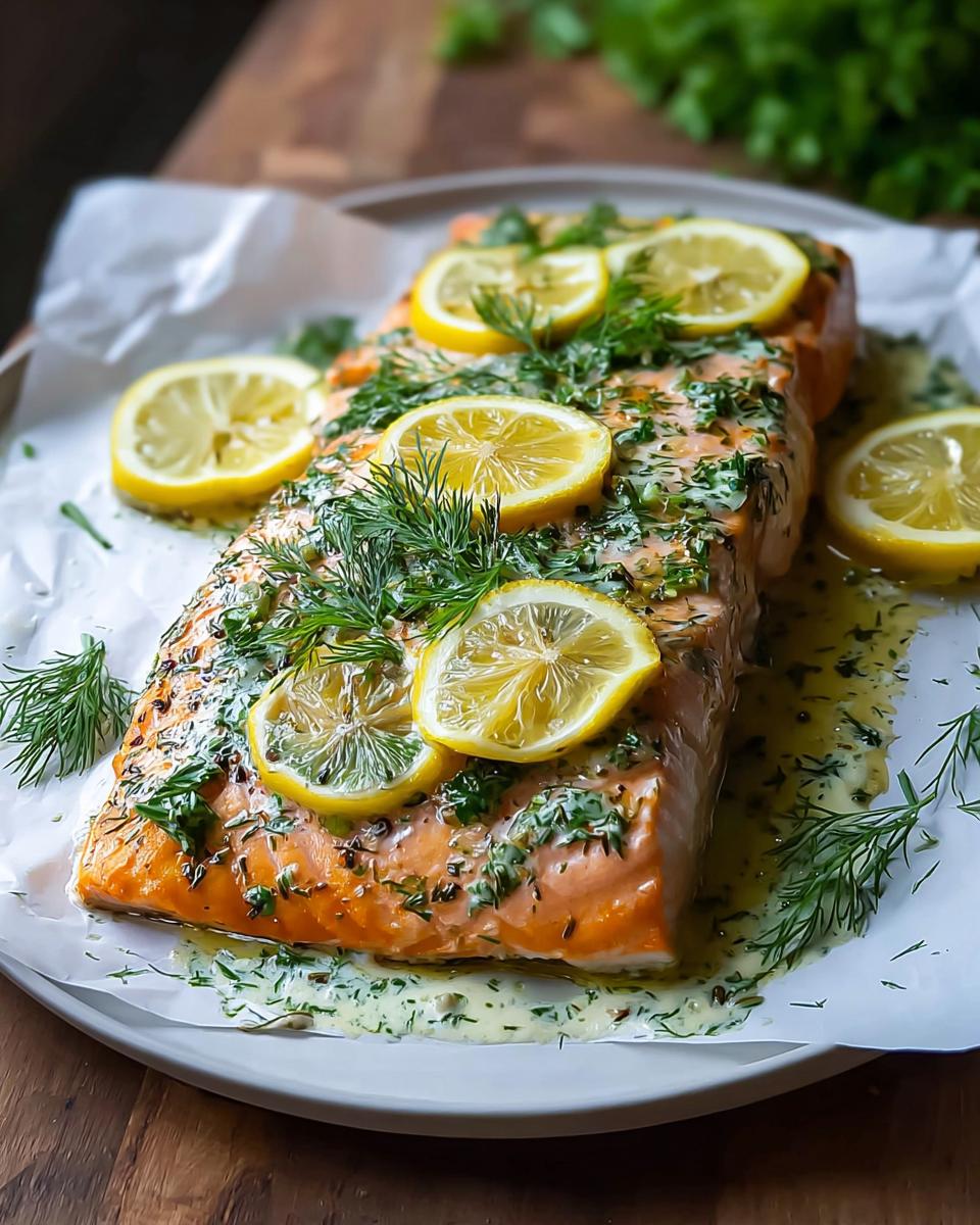 A beautifully cooked fillet of Lemon Dill Salmon topped with fresh lemon slices and abundant dill.