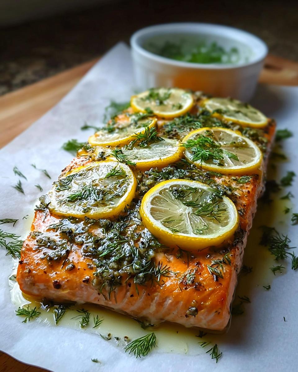 Close-up of baked Lemon Dill Salmon topped with lemon slices and fresh dill, ready for light dinner plates.