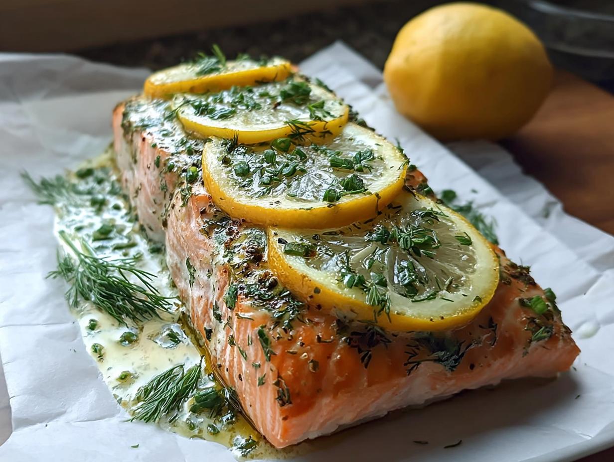 A perfectly cooked fillet of Lemon Dill Salmon topped with lemon slices and fresh herbs.