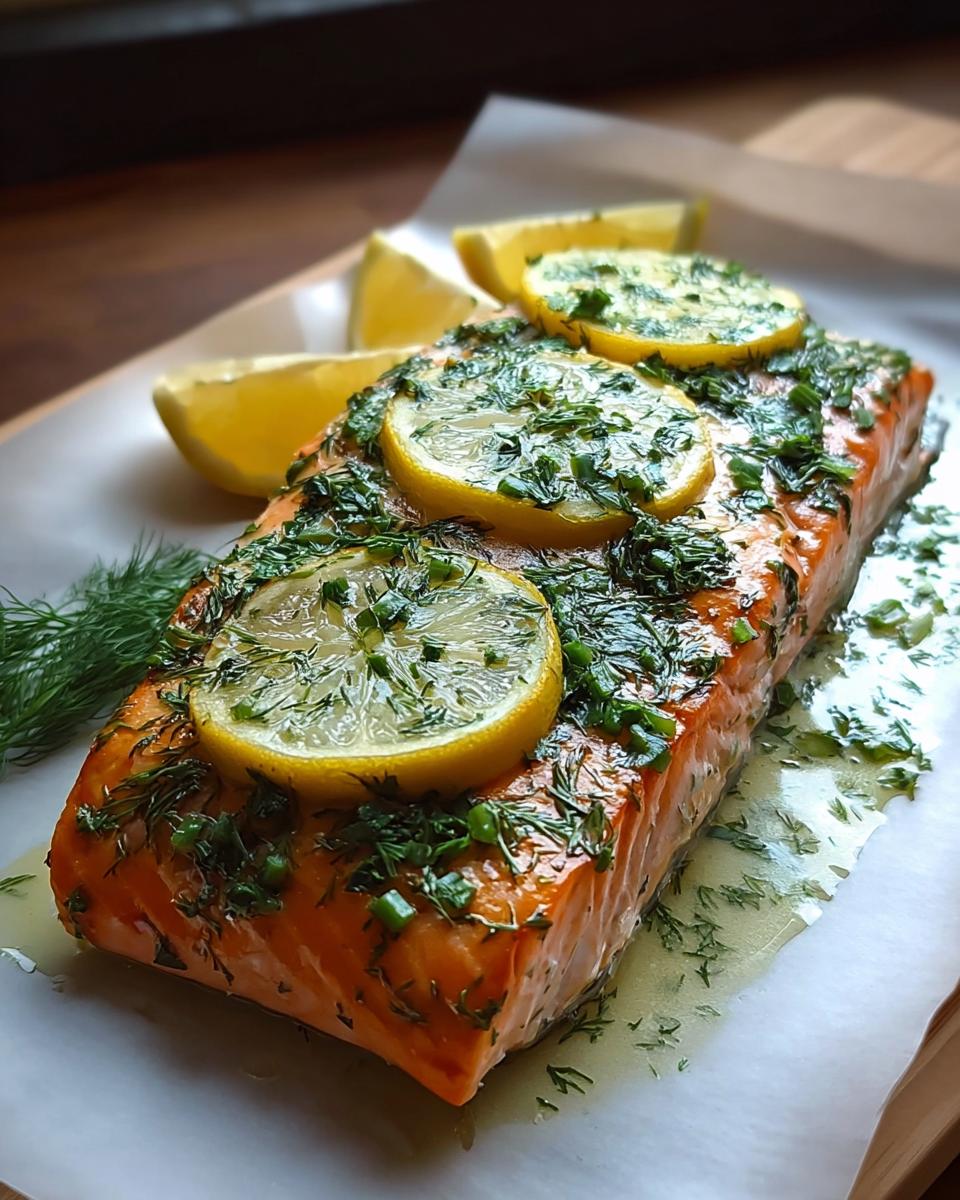A perfectly cooked fillet of Lemon Dill Salmon topped with fresh lemon slices and chopped dill.