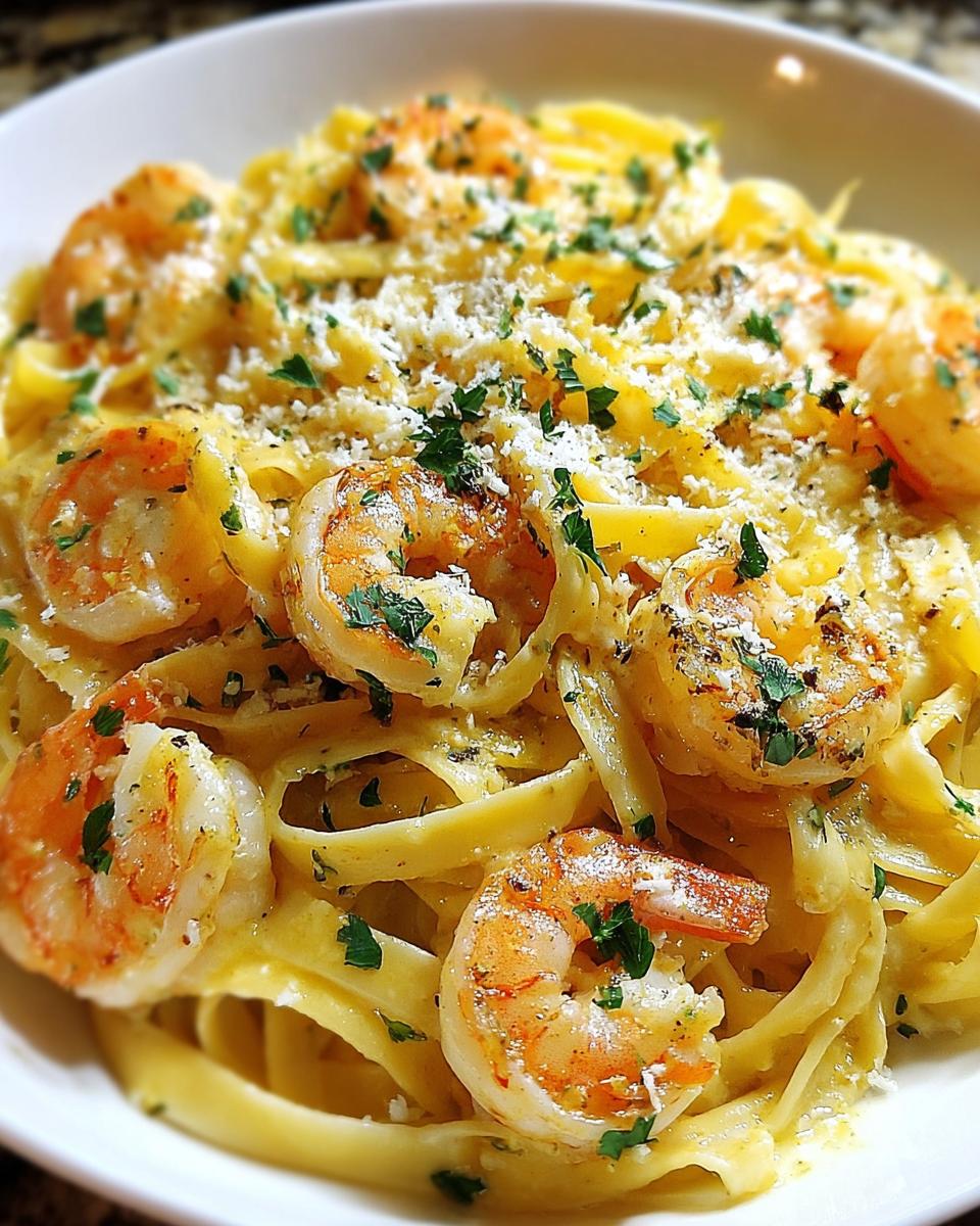 A close-up of creamy fettuccine pasta topped with seasoned shrimp, Parmesan cheese, and fresh parsley, a perfect Lemon Garlic Shrimp Pasta Style Dinner.