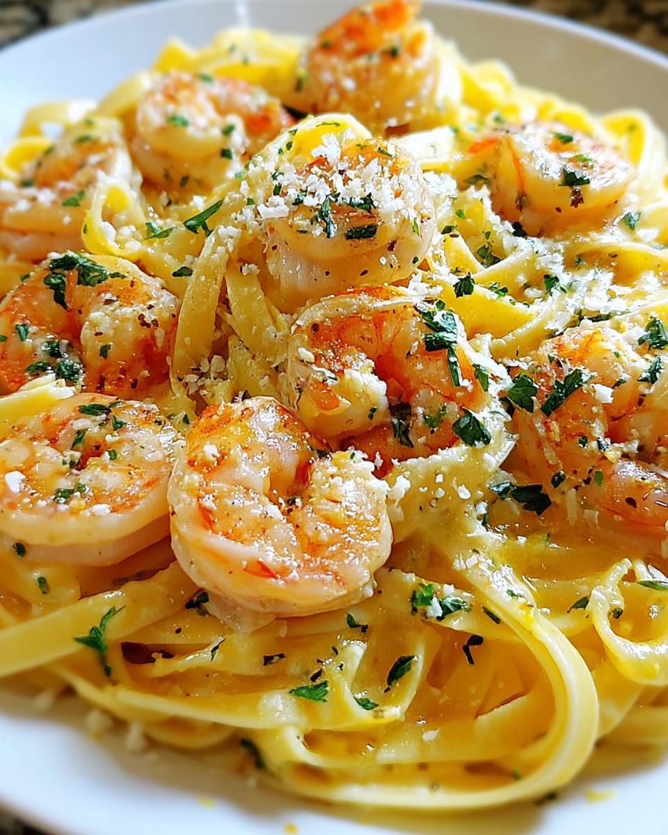 Close-up of creamy Lemon Garlic Shrimp Pasta Style Dinner topped with Parmesan and parsley.