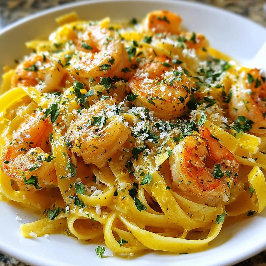 A close-up of creamy Lemon Garlic Shrimp Pasta Style Dinner topped with fresh parsley and grated cheese.