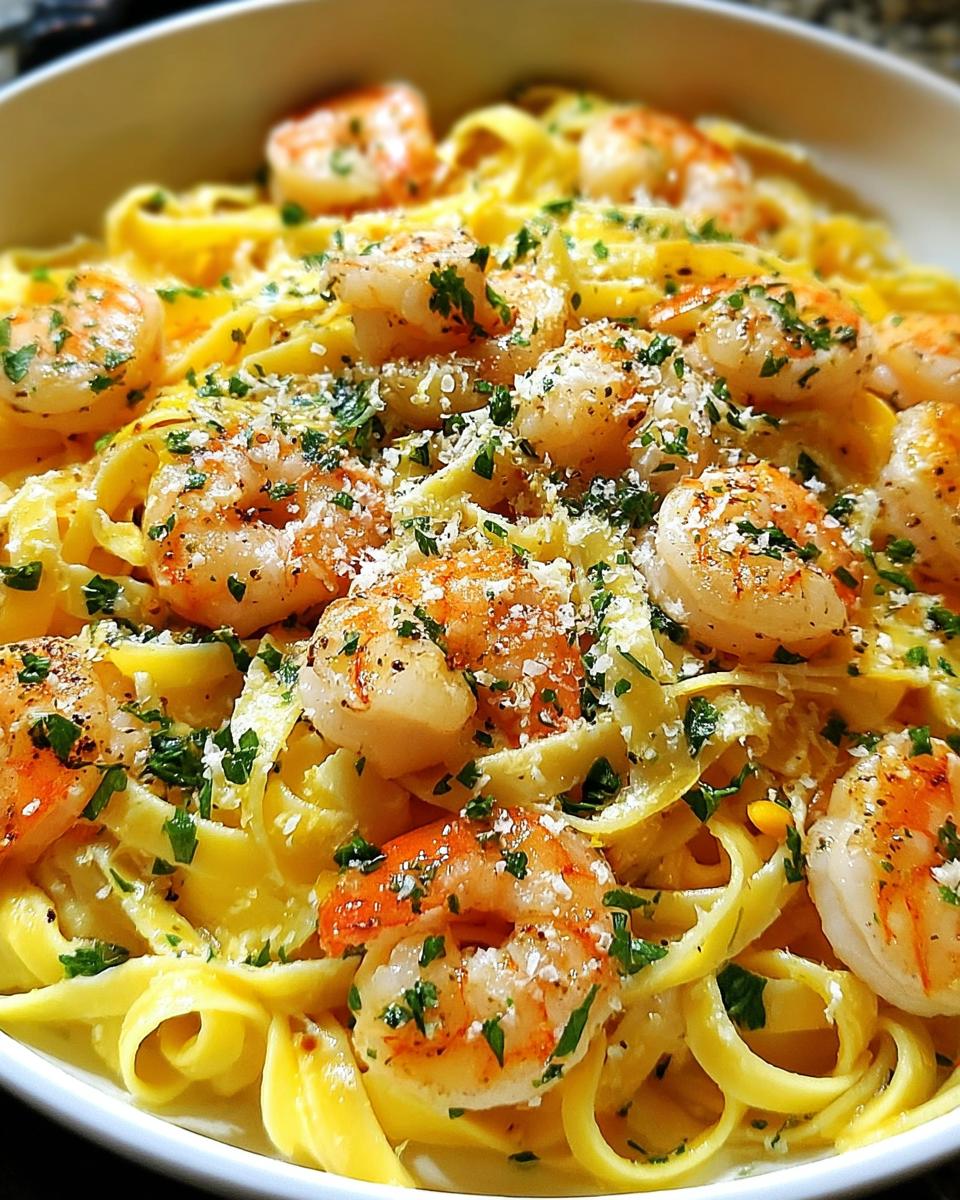 A close-up of Lemon Garlic Shrimp Pasta Style Dinner featuring fettuccine, sautéed shrimp, and parsley.