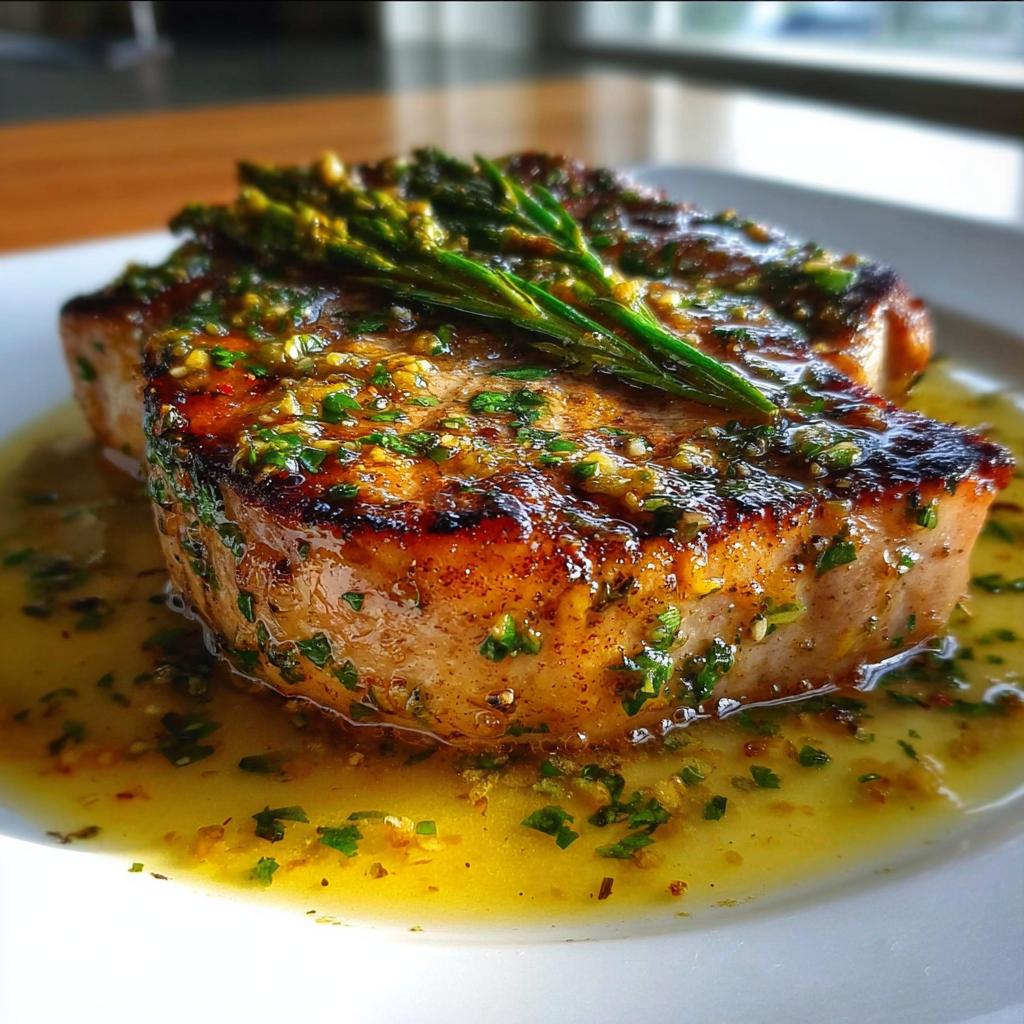 A thick, seared pork chop covered in a glistening lemon herb sauce, topped with asparagus.