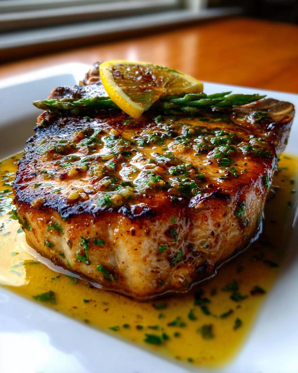A thick, juicy Lemon Herb Pork Chop smothered in a bright, glistening sauce and topped with asparagus and a lemon slice.