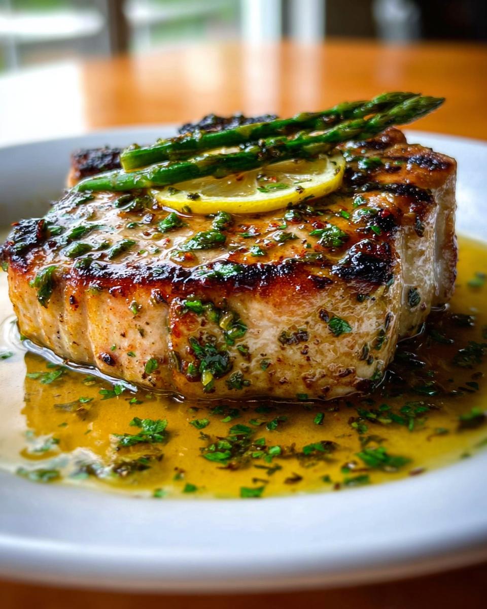 Close-up of a thick, seared Lemon Herb Pork Chop covered in sauce, topped with asparagus and lemon.