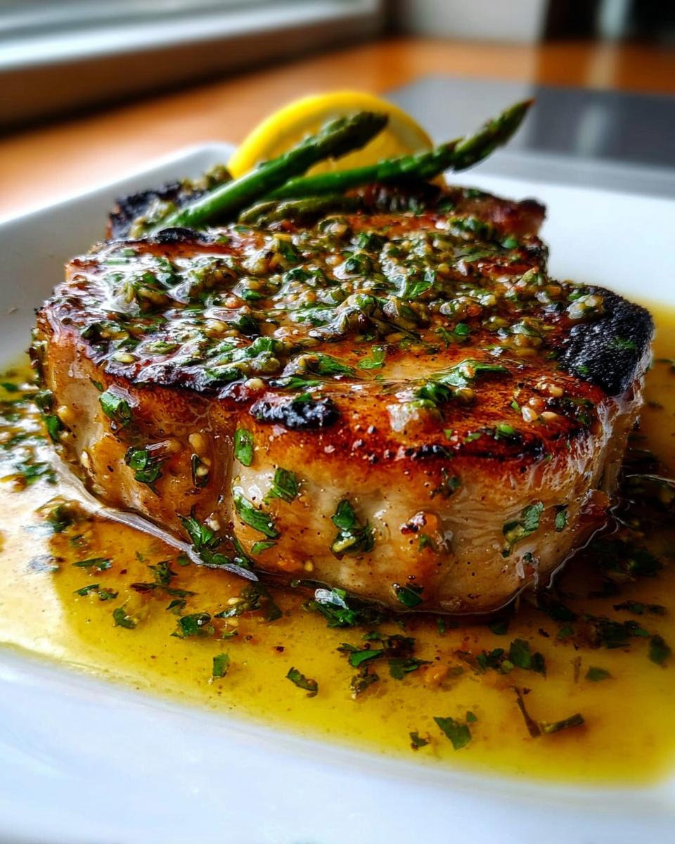 Close-up of a thick, seared Lemon Herb Pork Chop covered in a bright herb and zest sauce, served with asparagus.