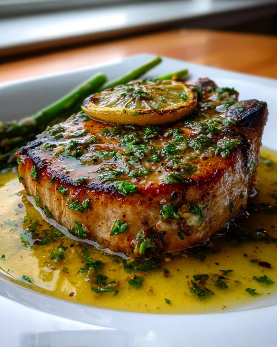 A thick, seared Lemon Herb Pork Chop smothered in bright, herby sauce and topped with a charred lemon slice.