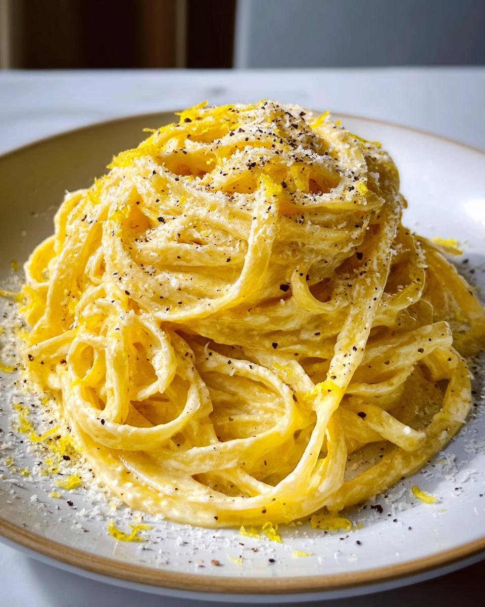 A close-up of creamy Lemon Parmesan Pasta with Fresh Zest, topped with grated cheese and black pepper.