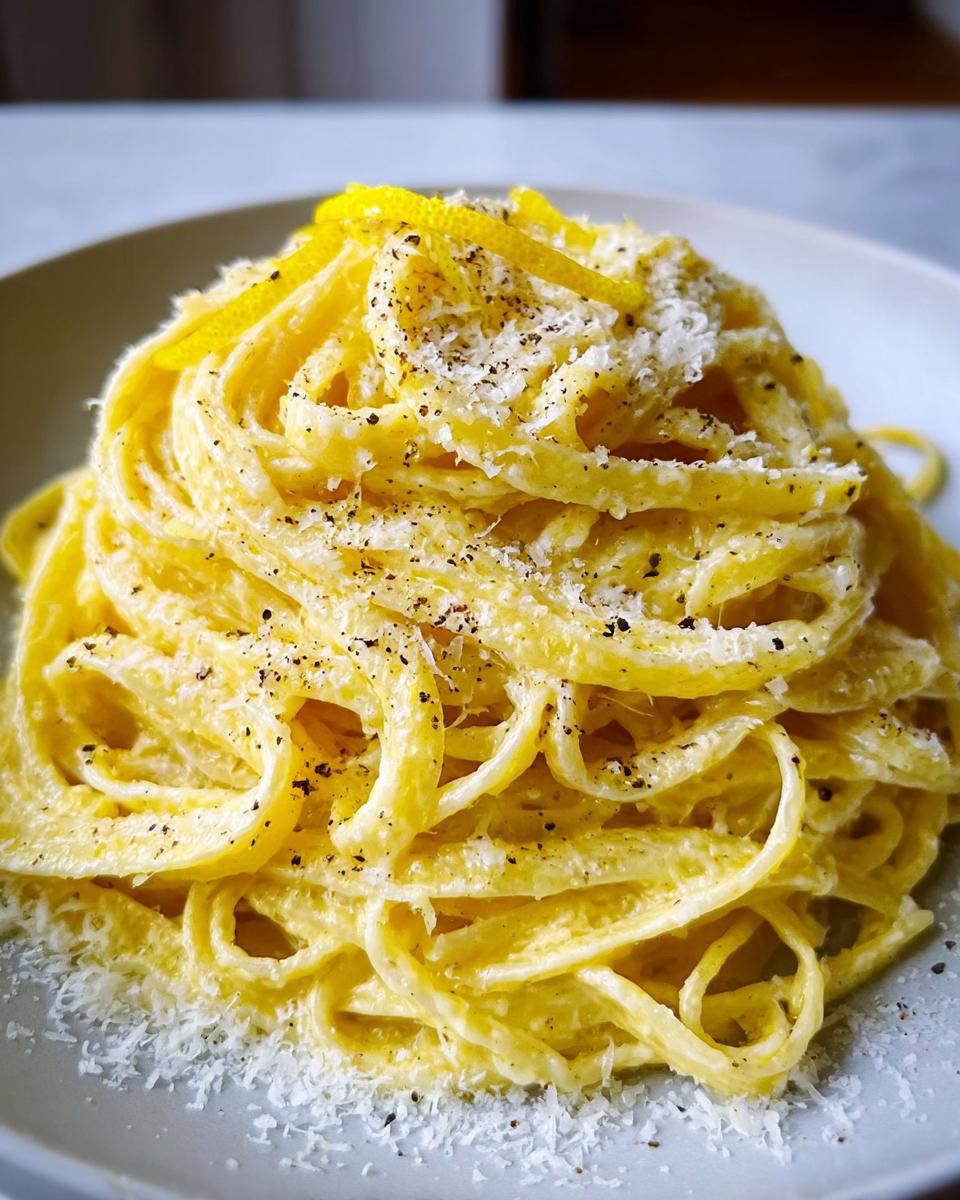 A close-up of creamy Lemon Parmesan Pasta with Fresh Zest, topped with grated cheese and black pepper.