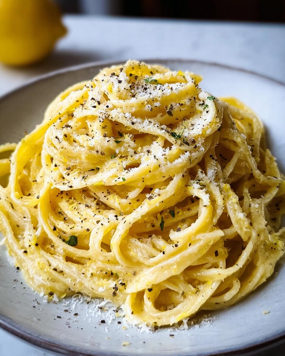 A close-up of creamy Lemon Parmesan Pasta with Fresh Zest, topped generously with black pepper and grated cheese.