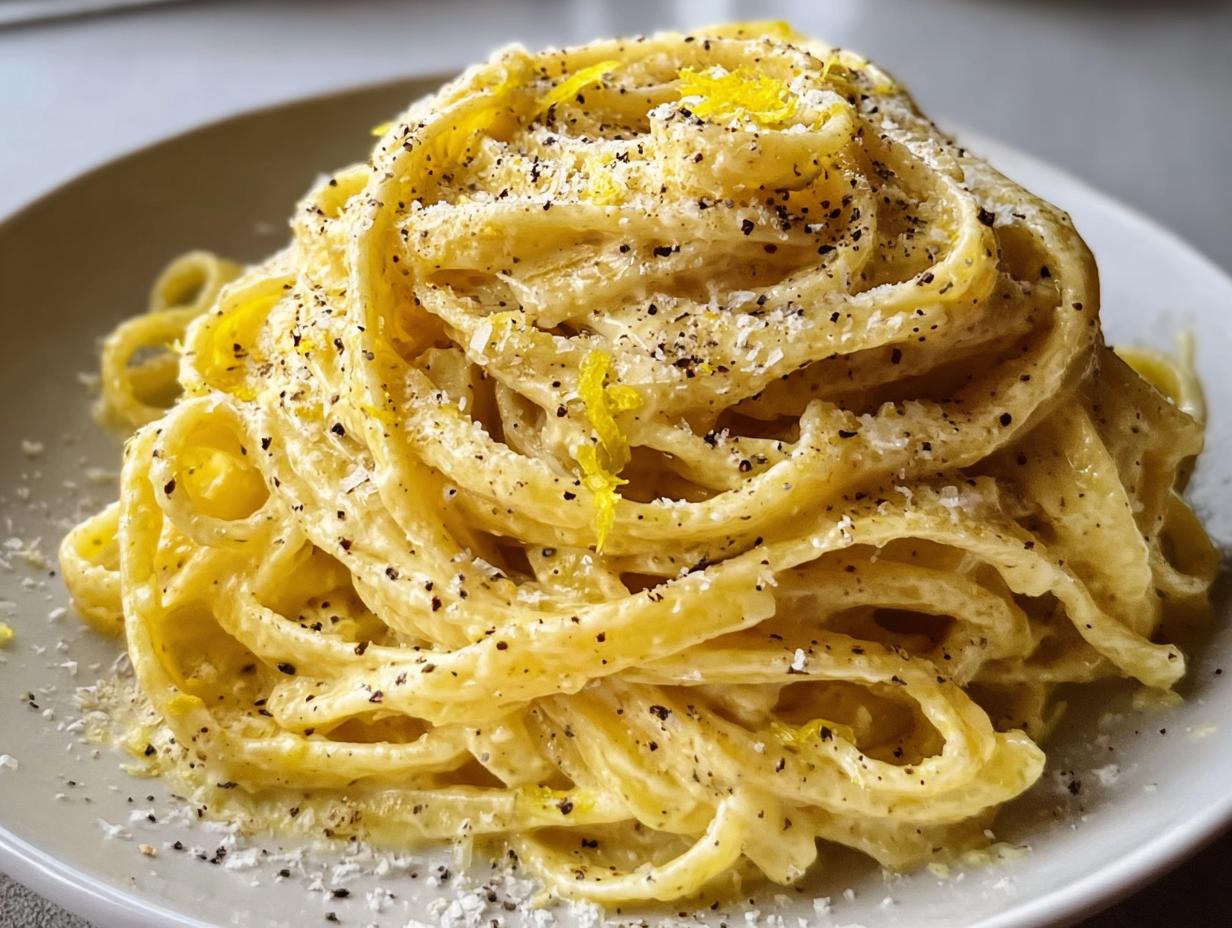 A close-up of creamy Lemon Parmesan Pasta with Fresh Zest, topped with black pepper and grated cheese.