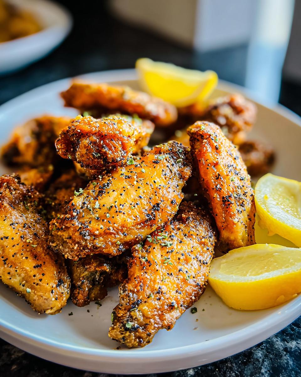 A close-up of crispy Lemon Pepper Wings with Bright Zest, seasoned heavily with black pepper and herbs, served with lemon wedges.