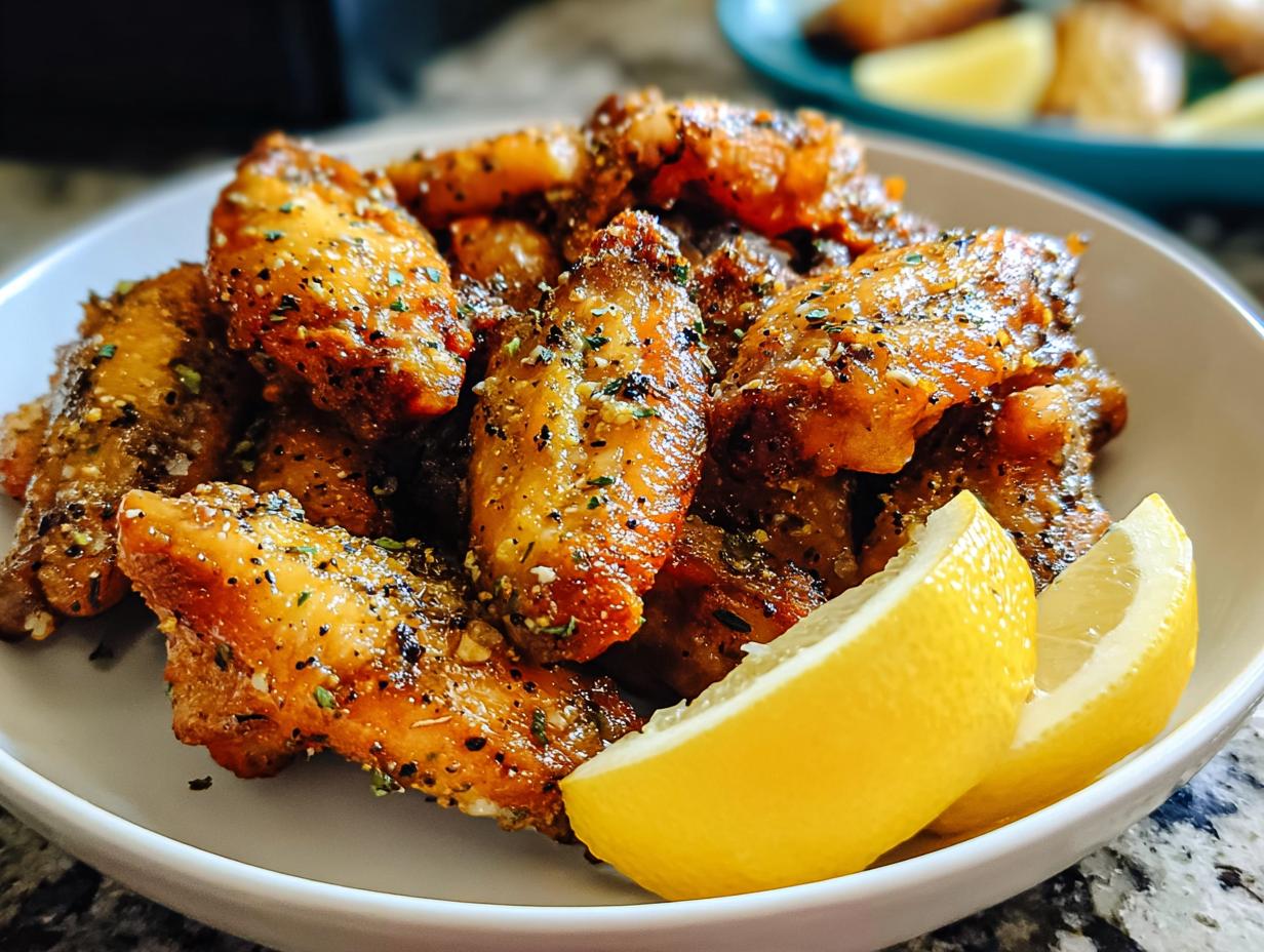 Close-up of crispy Lemon Pepper Wings with Bright Zest, seasoned heavily, served with fresh lemon wedges.